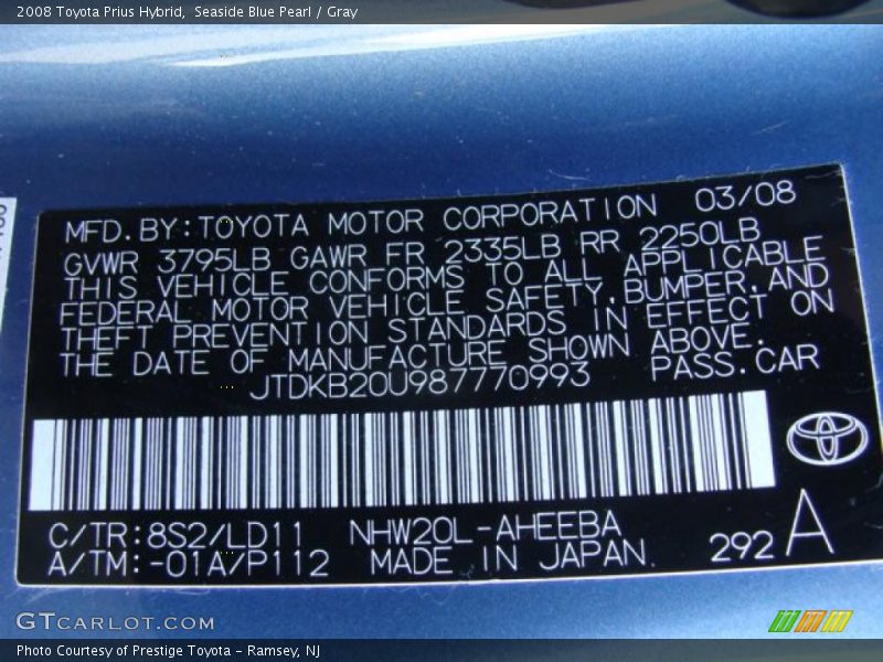 Seaside Blue Pearl / Gray 2008 Toyota Prius Hybrid