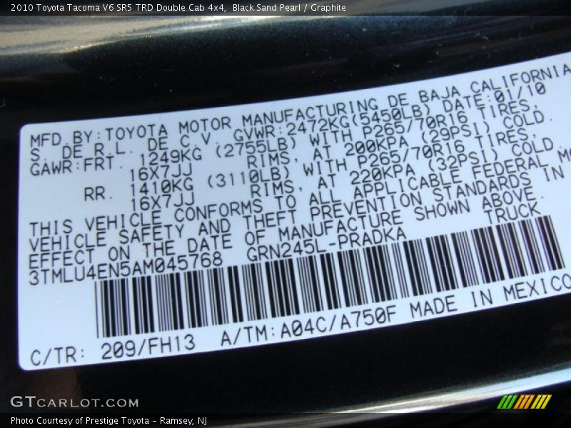 Black Sand Pearl / Graphite 2010 Toyota Tacoma V6 SR5 TRD Double Cab 4x4