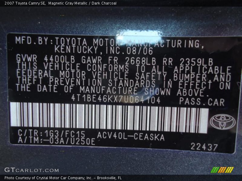 Magnetic Gray Metallic / Dark Charcoal 2007 Toyota Camry SE