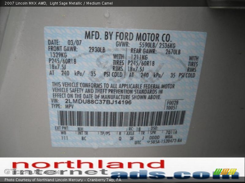 Light Sage Metallic / Medium Camel 2007 Lincoln MKX AWD