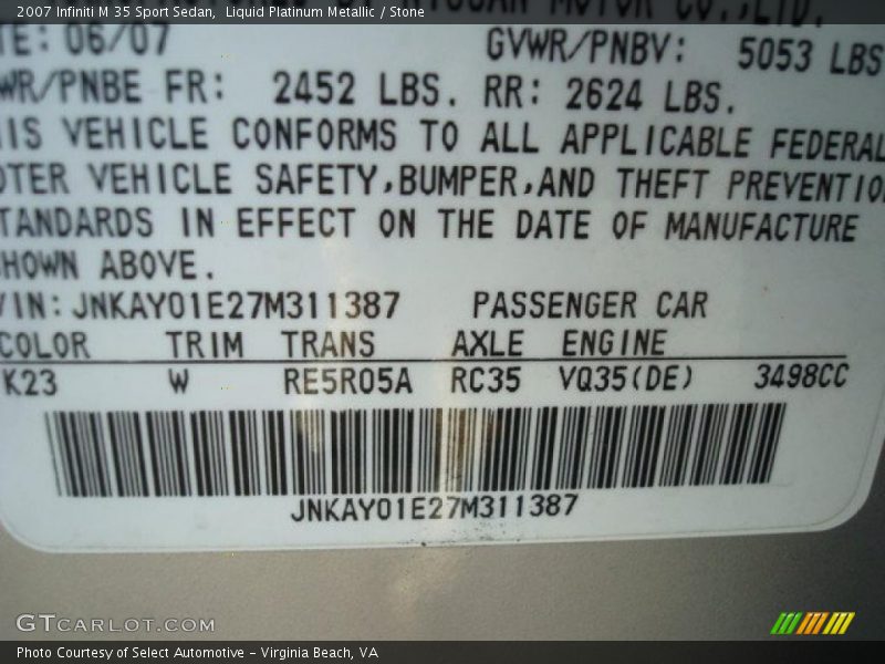 Liquid Platinum Metallic / Stone 2007 Infiniti M 35 Sport Sedan