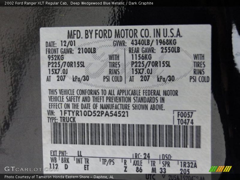 2002 Ranger XLT Regular Cab Deep Wedgewood Blue Metallic Color Code LL