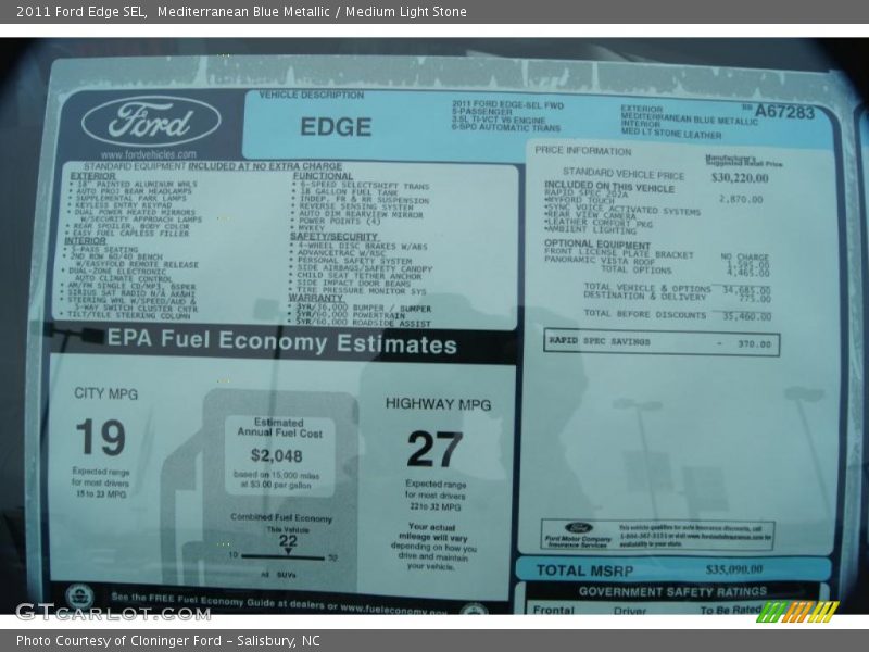 Mediterranean Blue Metallic / Medium Light Stone 2011 Ford Edge SEL