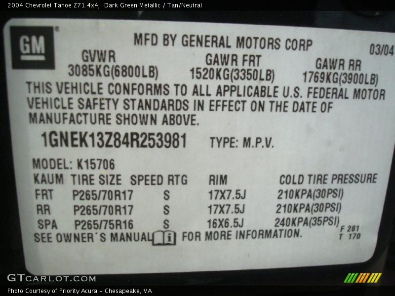 Dark Green Metallic / Tan/Neutral 2004 Chevrolet Tahoe Z71 4x4