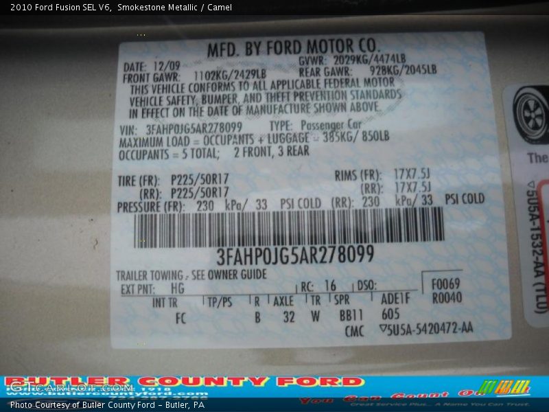 Smokestone Metallic / Camel 2010 Ford Fusion SEL V6
