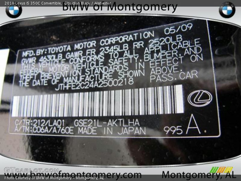 Obsidian Black / Alabaster 2010 Lexus IS 350C Convertible