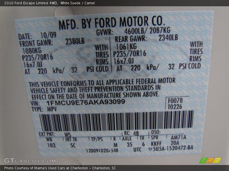 White Suede / Camel 2010 Ford Escape Limited 4WD