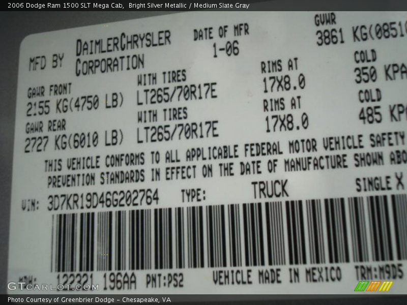 Bright Silver Metallic / Medium Slate Gray 2006 Dodge Ram 1500 SLT Mega Cab
