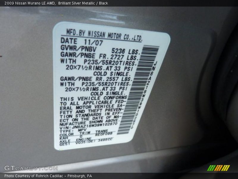 Brilliant Silver Metallic / Black 2009 Nissan Murano LE AWD