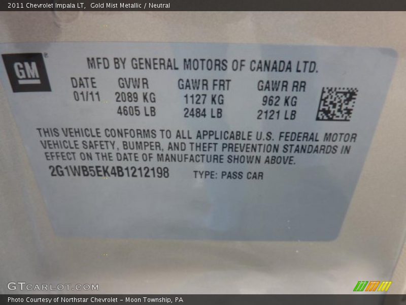 Gold Mist Metallic / Neutral 2011 Chevrolet Impala LT