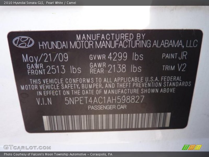 Pearl White / Camel 2010 Hyundai Sonata GLS