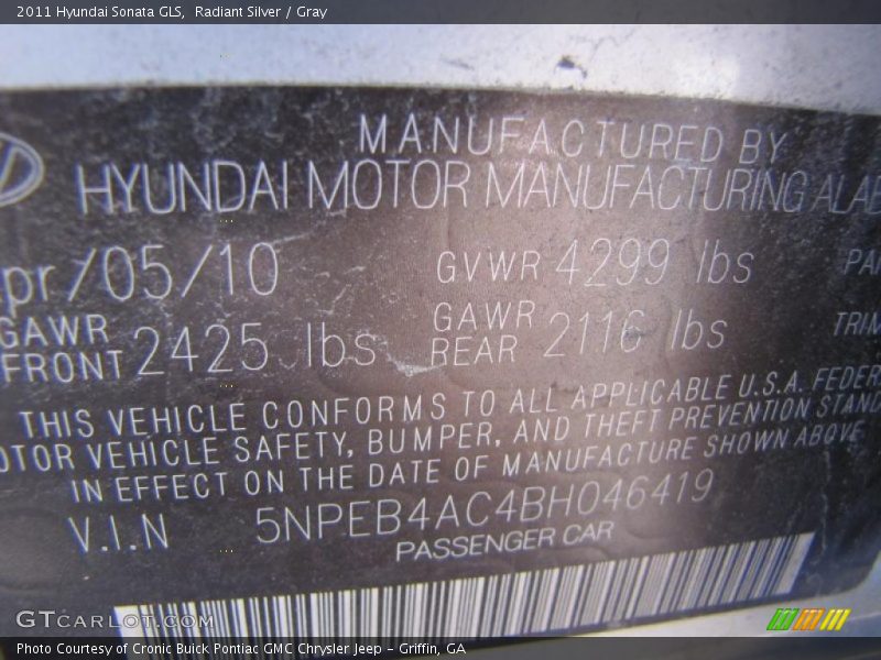 Radiant Silver / Gray 2011 Hyundai Sonata GLS