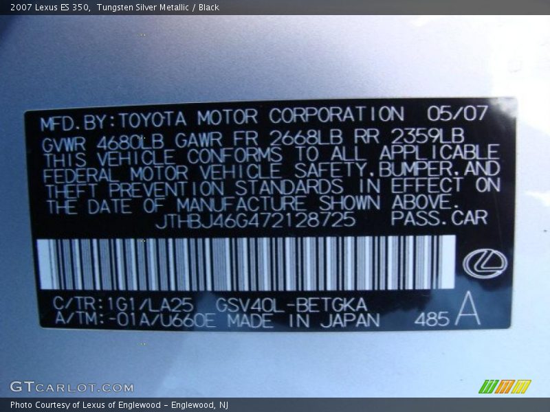 Tungsten Silver Metallic / Black 2007 Lexus ES 350