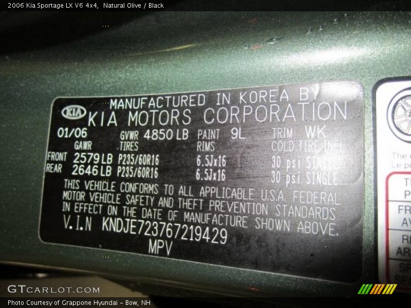 2006 Sportage LX V6 4x4 Natural Olive Color Code 9L