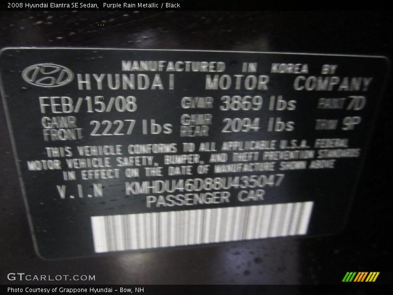 Purple Rain Metallic / Black 2008 Hyundai Elantra SE Sedan