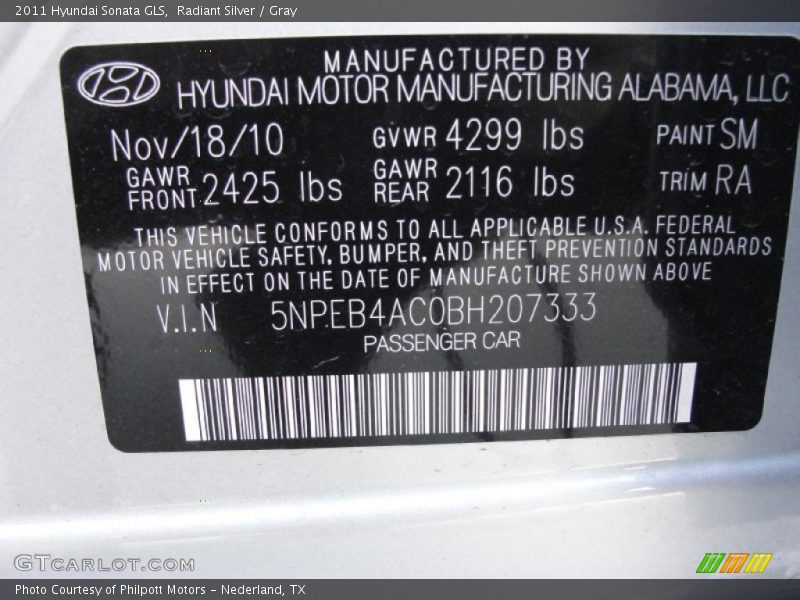 Radiant Silver / Gray 2011 Hyundai Sonata GLS