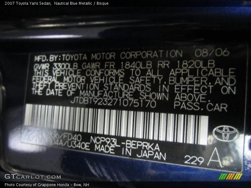 Nautical Blue Metallic / Bisque 2007 Toyota Yaris Sedan