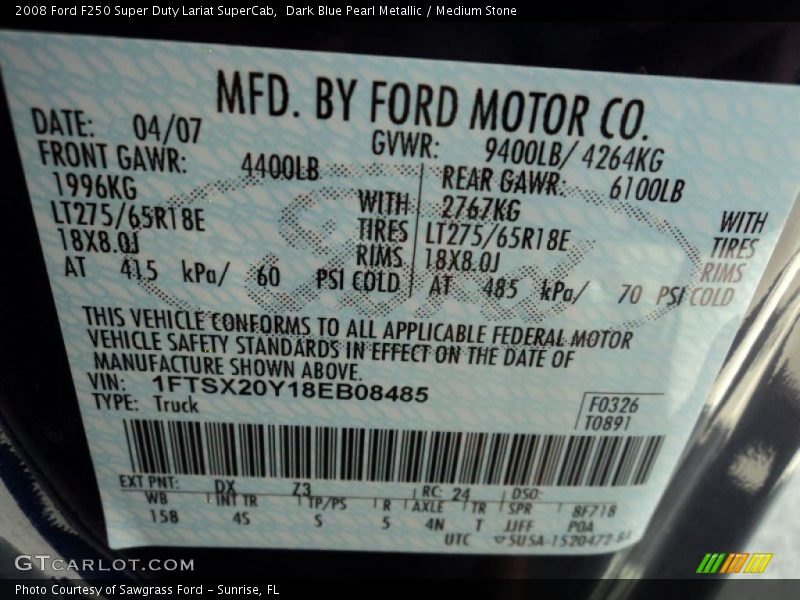 2008 F250 Super Duty Lariat SuperCab Dark Blue Pearl Metallic Color Code DX