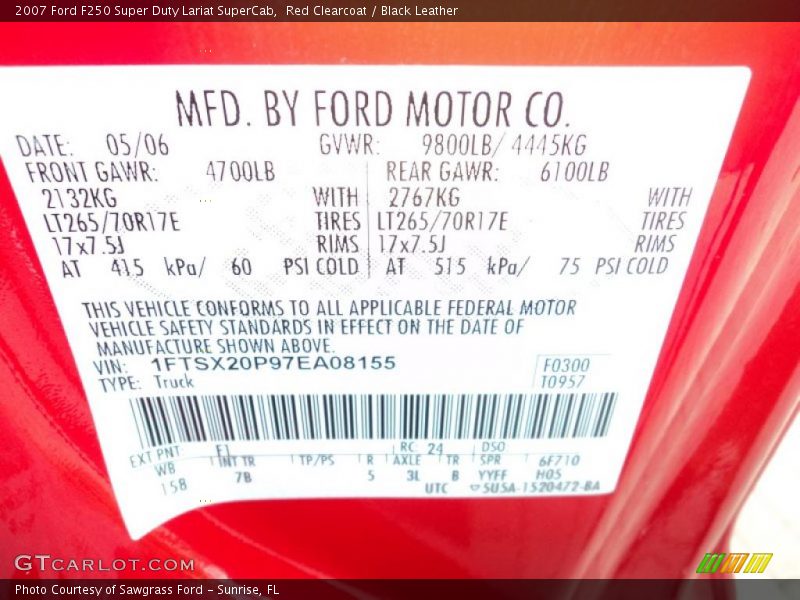 2007 F250 Super Duty Lariat SuperCab Red Clearcoat Color Code F1