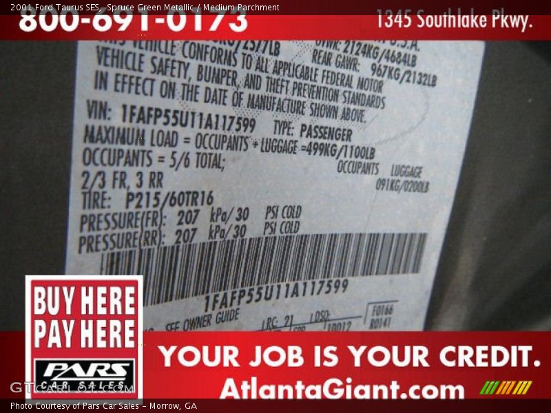 Spruce Green Metallic / Medium Parchment 2001 Ford Taurus SES