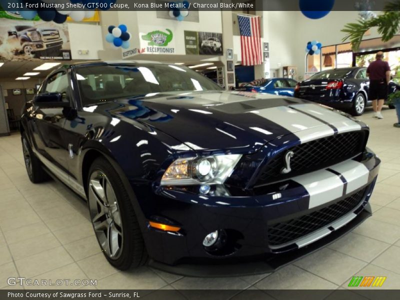 Kona Blue Metallic / Charcoal Black/White 2011 Ford Mustang Shelby GT500 Coupe