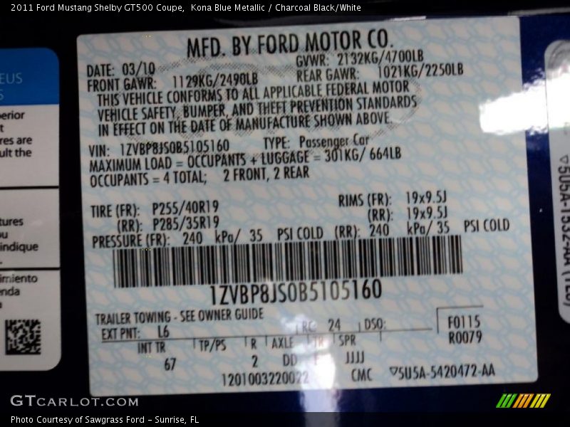 2011 Mustang Shelby GT500 Coupe Kona Blue Metallic Color Code L6