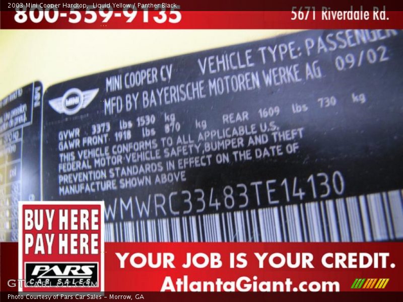 Liquid Yellow / Panther Black 2003 Mini Cooper Hardtop