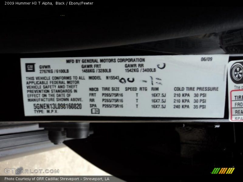 Black / Ebony/Pewter 2009 Hummer H3 T Alpha
