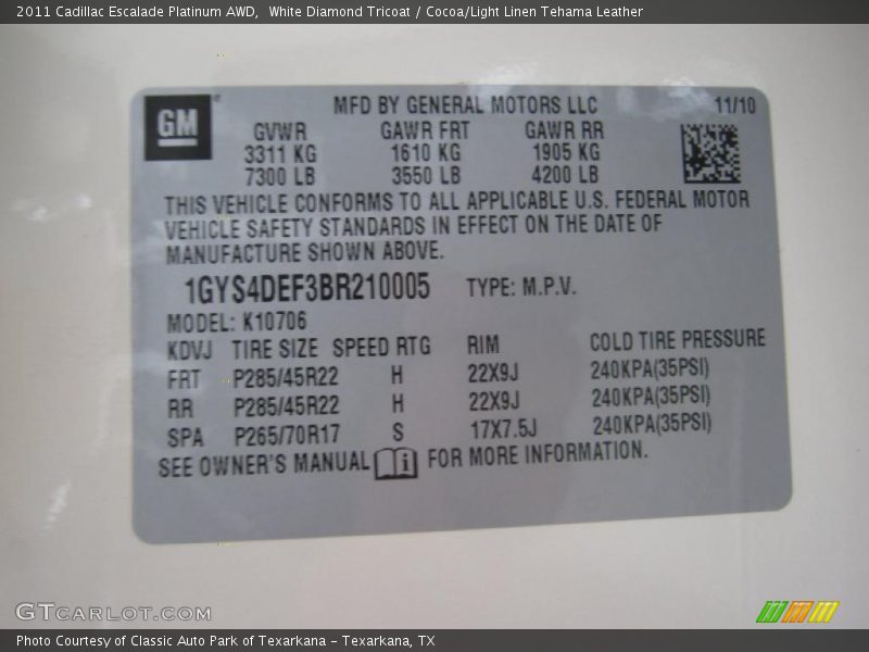 Info Tag of 2011 Escalade Platinum AWD