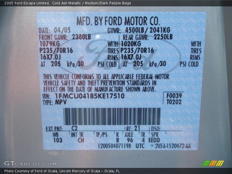 Gold Ash Metallic / Medium/Dark Pebble Beige 2005 Ford Escape Limited