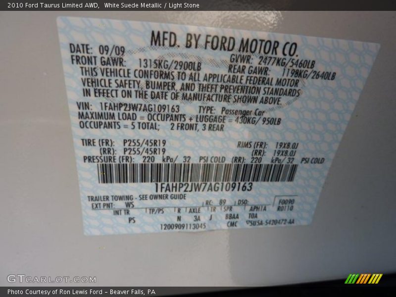 White Suede Metallic / Light Stone 2010 Ford Taurus Limited AWD
