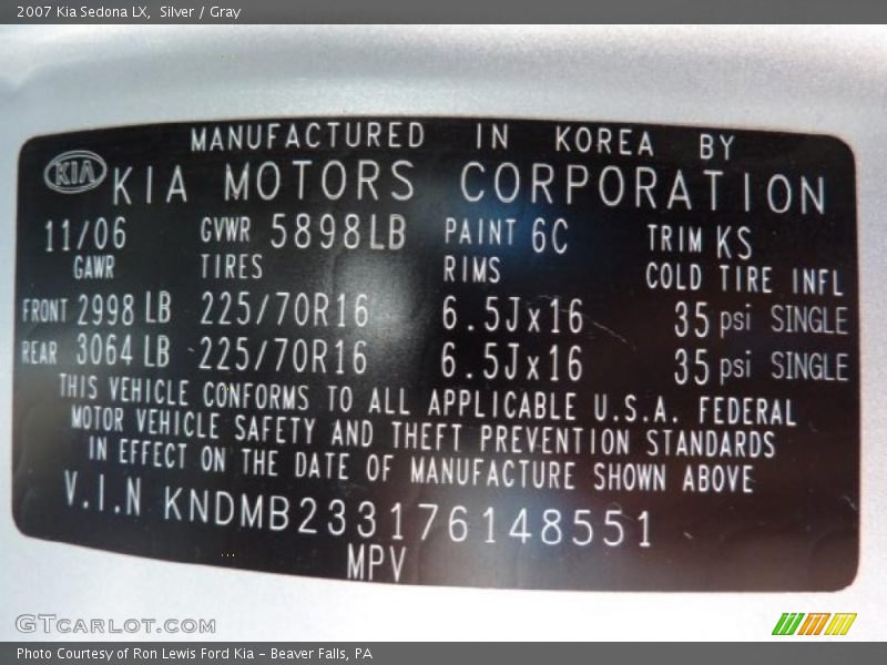 Silver / Gray 2007 Kia Sedona LX