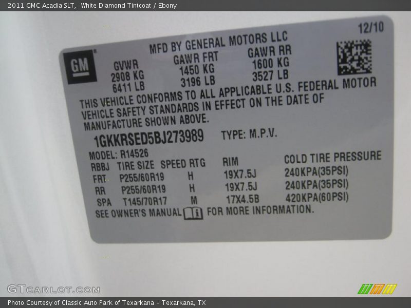 White Diamond Tintcoat / Ebony 2011 GMC Acadia SLT