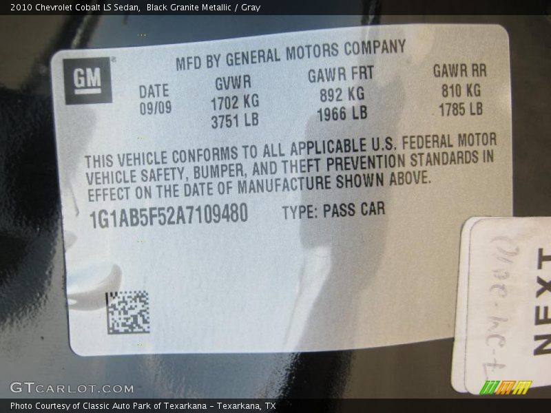 Black Granite Metallic / Gray 2010 Chevrolet Cobalt LS Sedan