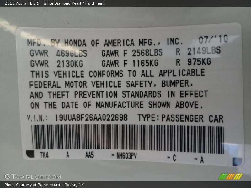 White Diamond Pearl / Parchment 2010 Acura TL 3.5