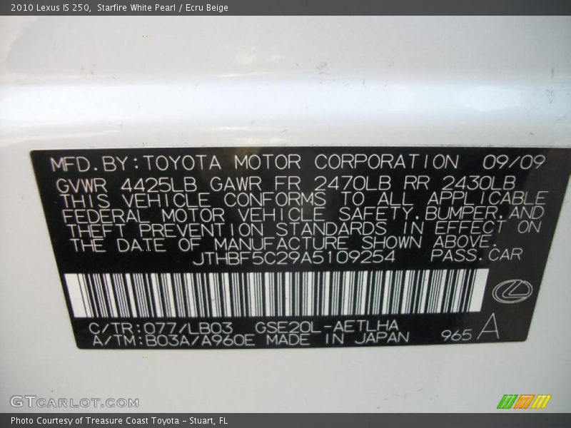 2010 IS 250 Starfire White Pearl Color Code 077