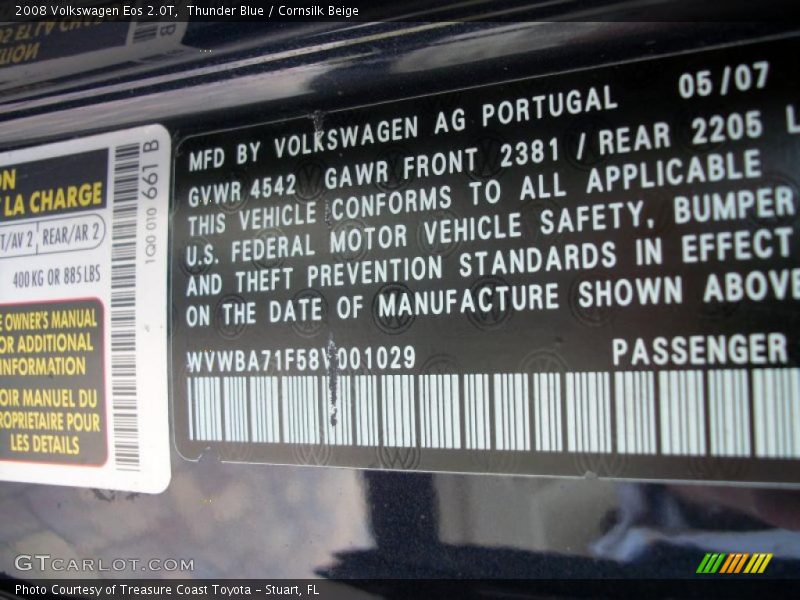 Thunder Blue / Cornsilk Beige 2008 Volkswagen Eos 2.0T