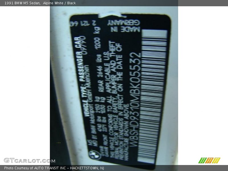 Info Tag of 1991 M5 Sedan