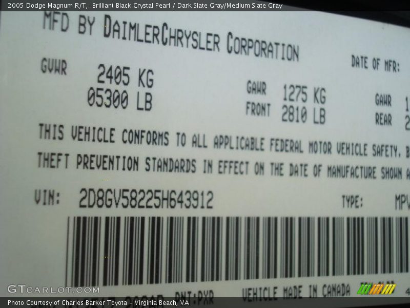 Brilliant Black Crystal Pearl / Dark Slate Gray/Medium Slate Gray 2005 Dodge Magnum R/T