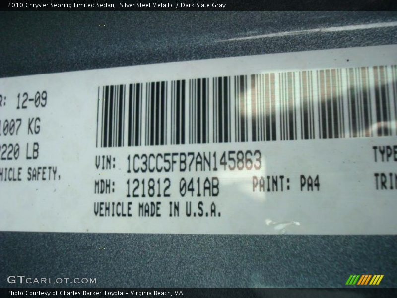 Silver Steel Metallic / Dark Slate Gray 2010 Chrysler Sebring Limited Sedan