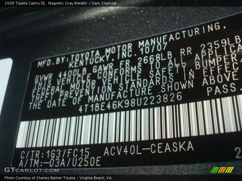 Magnetic Gray Metallic / Dark Charcoal 2008 Toyota Camry SE