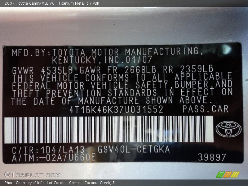 Titanium Metallic / Ash 2007 Toyota Camry XLE V6