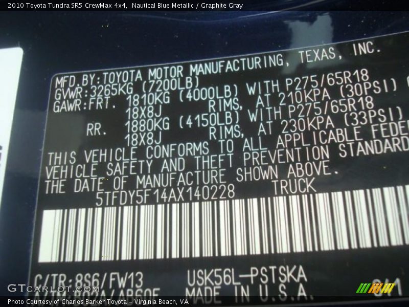 2010 Tundra SR5 CrewMax 4x4 Nautical Blue Metallic Color Code 8S6