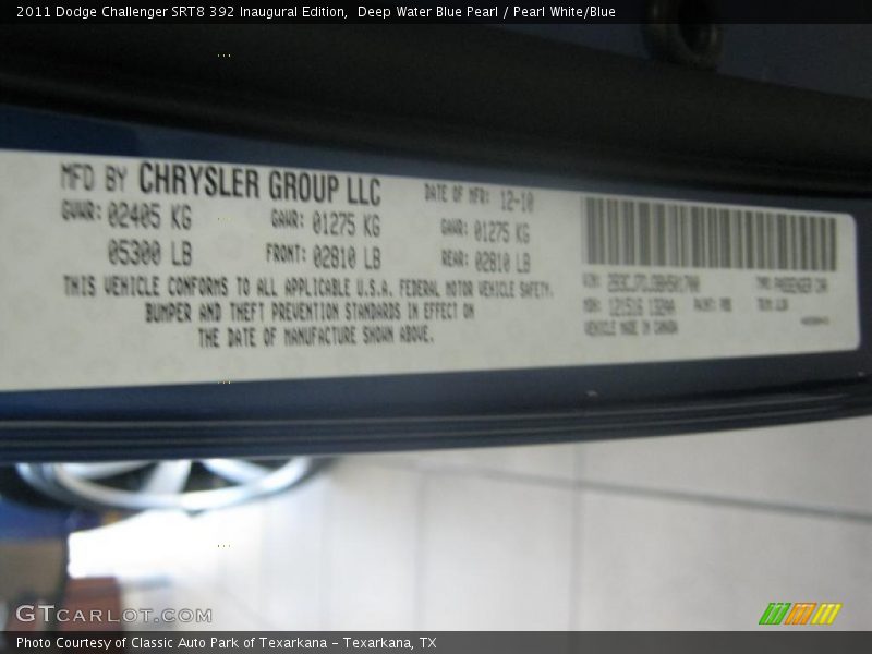 Deep Water Blue Pearl / Pearl White/Blue 2011 Dodge Challenger SRT8 392 Inaugural Edition