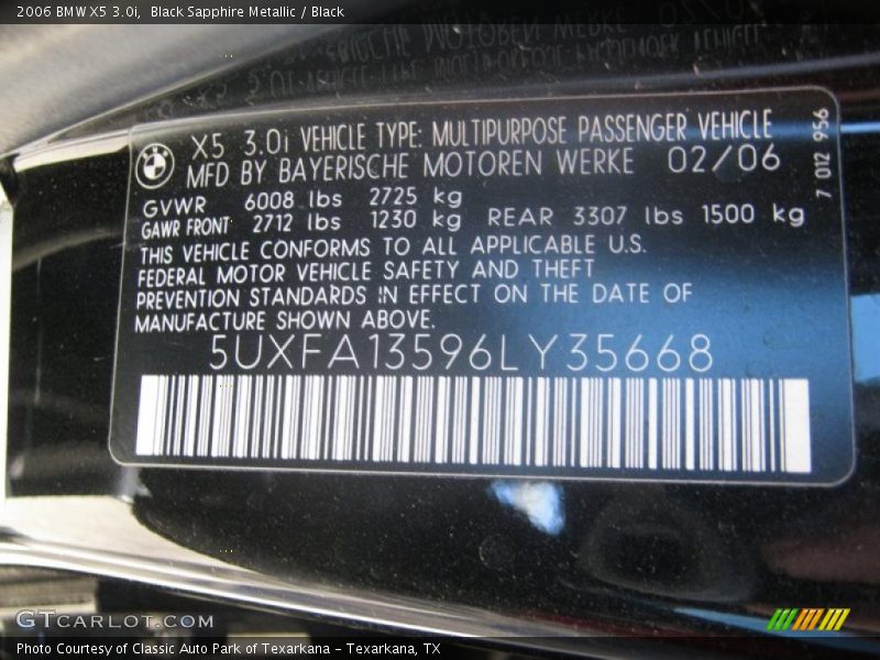 Black Sapphire Metallic / Black 2006 BMW X5 3.0i