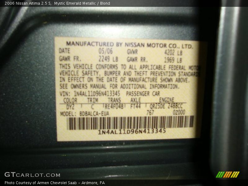 Mystic Emerald Metallic / Blond 2006 Nissan Altima 2.5 S