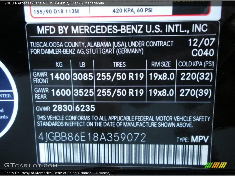 Black / Macadamia 2008 Mercedes-Benz ML 350 4Matic