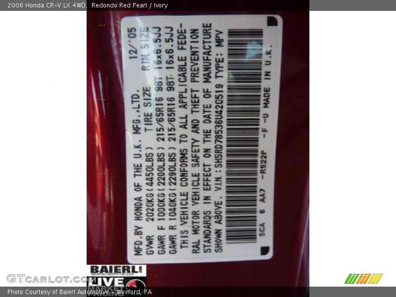 Redondo Red Pearl / Ivory 2006 Honda CR-V LX 4WD