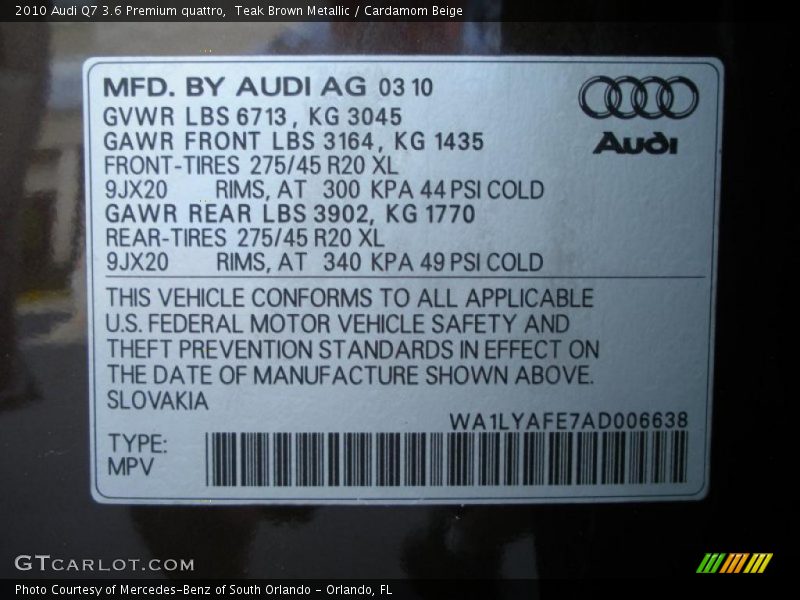 Info Tag of 2010 Q7 3.6 Premium quattro