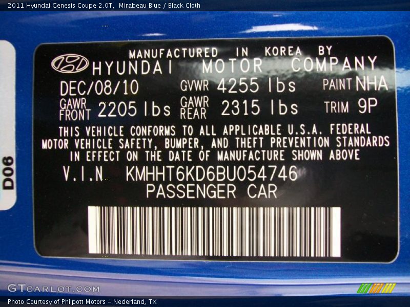 2011 Genesis Coupe 2.0T Mirabeau Blue Color Code NHA